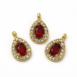 Roja Recubrimiento al vacío de PVD 304 Colgantes de circonita cúbica de acero inoxidable, con diamante de imitación, encantos de lágrima, rojo, 13.5x8.5x4 mm, agujero: 1.8 mm