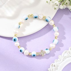 Blue Evil Eye Lampwork and Natural Cultured Freshwater Pearl Beaded Stretch Bracelets, with Brass Micro Pave Clear Cubic Zirconia Cross, Golden, Blue, Inner Diameter: 2.36 inch(6cm)