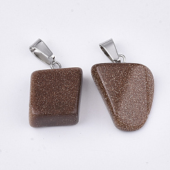 Goldstone Synthetic Goldstone Pendants, with Stainless Steel Snap On Bails, Nuggets, 15~35x10~20x5~15mm, Hole: 3x7.5mm