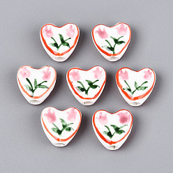 Легкий Лосось Ручной фарфоровые керамические шарики, сердце с цветочным узором, Famille выросли стиле, светлый померанцевый, 15x15x7 мм, отверстие : 3 мм