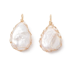 Золотой Подвески из натурального барочного жемчуга, жемчуга Кеши, обвитые медной проволокой, слезинки, белые, золотые, 27~28x15~16x7 мм, отверстие : 2.5~3 мм