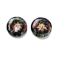 Черный Фарфоровые бусины ручной работы, ручная роспись, плоские круглые с рисунком ВС, чёрные, 19~19.5x7~7.5 мм, отверстие : 2.5 мм
