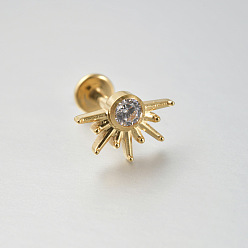 Золотой Серьги для хряща уха из титанового сплава с инкрустацией прозрачными кубическими циркониями, солнце, золотые, 6.2x9 мм, штифты : 1.2 мм, бар: 8 mm
