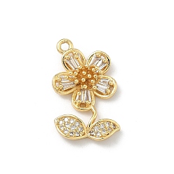 Настоящее золото 18K Латунные микропаве прозрачные подвески с фианитом, цветочный шарм, долговечный, стойки покрытие, без свинца и без кадмия, реальный 18 k позолоченный, 22x14.5x5.5 мм, отверстие : 1.6 мм