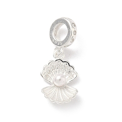 Серебро 925 европейские подвески из стерлингового серебра с прозрачными кубическими цирконами, подвески в форме ракушки с большим отверстием и белой круглой пластиковой имитацией жемчуга, серебряные, 20 мм, отверстие : 4 мм