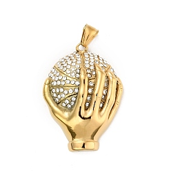 Golden Ionenbeschichtung (IP) 304 Edelstahlanhänger, mit Strass, Hand mit Kugel, golden, 49x36x12 mm, Bohrung: 3.5x8 mm