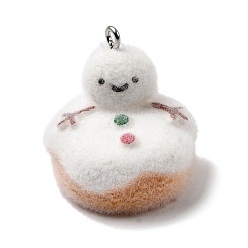 Снеговик Рождественские подвески из непрозрачной смолы с эффектом флокирования, с платиновыми тоновыми железными петлями, снеговик, 25x25x25 мм, отверстие : 2 мм