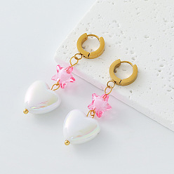 Rosa Caliente 304 Pendientes colgantes de aro de resina y acero inoxidable para mujer, estrella con el corazón, dorado, con perlas de imitación, color de rosa caliente, 52 mm