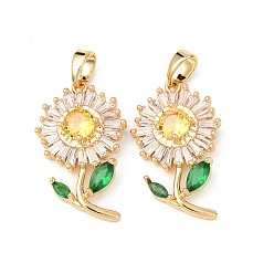 Настоящее золото 18K Латунные микро проложить кубического циркония подвески, прелести подсолнуха, стойки покрытие, долговечный, без свинца и без кадмия, реальный 18 k позолоченный, 23x14.5x5 мм, отверстие : 5x3 мм