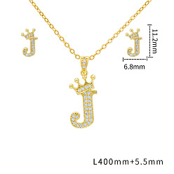 Letter J Наборы подвесок и сережек-гвоздиков из латуни с микропаве из прозрачных кубических цирконий., золотые, письмо с короной, буква J, 11.2x6.8 мм и 400 мм