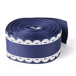 Dark Slate Blue Polyester Printed Grosgrain Ribbon, Single Face Lace Pattern, for DIY Handmade Craft, Gift Decoration , Dark Slate Blue, 1-1/2 inch(38mm), 10 yards/roll(9.14m/roll)