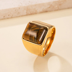 Rectangle 304 Кольца из нержавеющей стали и натурального тигрового глаза, золотые, прямоугольные, размер США 9 (18.9 мм)