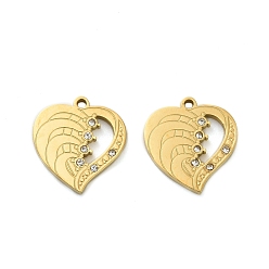 Настоящее золото 18K 304 подвески из нержавеющей стали, со стразами, сердце, ионное покрытие (ip), реальный 18 k позолоченный, 17x16x2 мм, отверстие : 1.5 мм