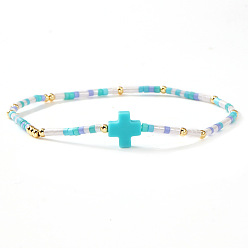 Темно-Голубой Богемный крестик-подвеска, браслет из стеклянных и латунных бусин, эластичный, для женщин., глубокое синее небо, 6.50 дюйм (16.5 см)