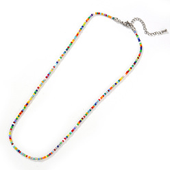 Colorful Boho Glass Seed Beaded Necklaces with 304 Stainless Steel End Chains, Stainless Steel Color, Colorful, 16.54 inch(42cm)