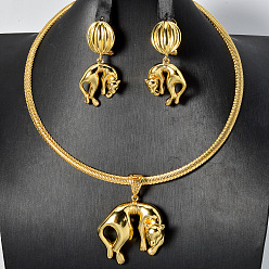 Настоящее золото 18K Комплекты из латунных серег-гвоздиков и ожерелий с подвесками для женщин, леопард, реальный 18 k позолоченный, ожерелья: 24.41 дюйм (62 см)