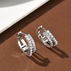 Платина Двухслойные латунные серьги-кольца с микропаве из прозрачных кубических цирконий., с пластмассовой жемчужиной abs, без кадмия и без свинца, долговечный, стойки покрытие, платина, 16.5x16x5.5 мм