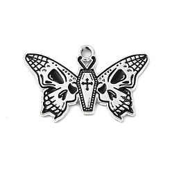 Черный Подвески из сплава хэллоуина с эмалью, бабочка с подвеской в виде черепа, платина, чёрные, 19x30x1 мм, отверстие : 2 мм