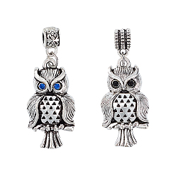 Mixed Color Tibetan Style Alloy Rhinestone European Dangle Charms, Owl, Mixed Color, 42.5mm, Hole: 4mm, Pendant: 31x17x5mm, 2colors, 10pcs/color, 20pcs/box