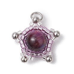 Фиолетовый Подвески из бисера цилиндрической формы и натурального тигрового глаза, с открытыми пружинными кольцами из нержавеющей стали 304, звезда, фиолетовые, 21x19x8 мм, отверстие : 4 мм