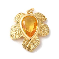 Оранжевый Стойка в виде листьев, латунные подвески, со стеклом, долговечный, без свинца и без кадмия, с целью перехода в кольце, золотые, оранжевые, 22.5x25x5 мм, отверстие : 3 мм