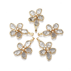 Gainsboro Brass Micro Pave Cubic Zirconia Pendants, with Glass, Nickel Free, Real 18k Gold Plated, Flower, Gainsboro, 28x20.5x10mm, Hole: 2x4mm