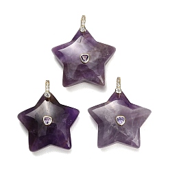 Amethyst Natural Amethyst Pendants, Star Charms, with Brass Pave Cubic Zirconia Findings, Golden, 30~32.5x31.5~34x11~12.5mm, Hole: 6x7mm