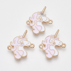 Pearl Pink Light Gold Tone Alloy Links connectors, with Enamel, Unicorn, Pearl Pink, 24x19x2mm, Hole: 1.2mm