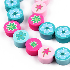 Colorful Handmade Polymer Clay Beads Strands, Flat Round with Flower, Colorful, 9~9.5x4.5~5mm, Hole: 1.6~1.8mm, about 40pcs/strand, 14.57 inch(37cm)
