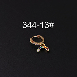 Радуга Серьги-кольца для хряща из латуни с микропаве из разноцветных кубических цирконий, золотые, радуга, 35x9 мм