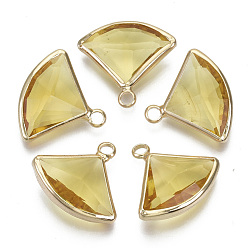 Светло-хаки Прозрачные стеклянные подвески, с легкой позолоченной латунной фурнитурой, граненые, вентилятор, светлый хаки, 16~17x19x6 мм, отверстие : 2 мм