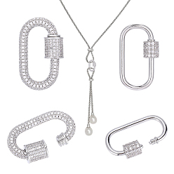 Platinum 2Pcs 2 Styles Brass & Rhinestone & Cubic Zirconia Locking Carabiner, Oval, Quick Links, Platinum, 25.5~28x13~15x2~3mm, 1pc/style