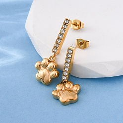 Золотой 304 из нержавеющей стали болтаться серьги, со стразами, отпечаток лапы, вакуумное покрытие pvd, золотые, 29x12 мм