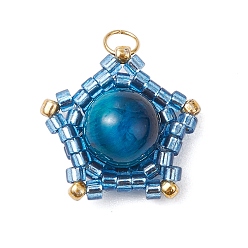 Небесно-голубой Подвески в виде звезд из натурального тигрового глаза (окрашенного и нагретого) и стеклянных бусин ручной работы, с прыжковых колец, золотые, голубой, 16~16.5x17x8~8.5 мм, отверстие : 3 мм