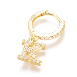 Letter K 925 Sterling Silver Hoop Earrings, Dangle Earrings, with Cubic Zirconia, with S925 Stamp, Letter, Clear, Golden, Letter.K, 19.5mm, Pendants: about 8.5x7x1.5mm, Pin: 0.6mm