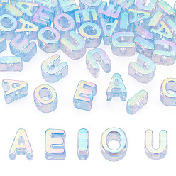 Bleu Bleuet 50 pcs 5 styles placage uv perles acryliques irisées arc-en-ciel, perles initiales, lettre aeiou, bleuet, 20.5~21x8.5~18x13.5~14mm, Trou: 6mm, 10 pcs / style