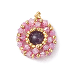 Аметист Плоские круглые подвески из натурального аметиста и стеклянных бусин, 25.5x20.5x8.5 мм, отверстие : 2 мм