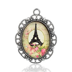 Colorful Eiffel Tower Photo Glass Oval Big Pendants, with Antique Silver Plated Alloy Settings, Colorful, 60x44x9mm, Hole: 4mm