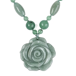 Green Aventurine Natural Green Aventurine Flower Pendant Necklaces, with Stainless Steel Clasps, Stainless Steel Color, 18.50 inch(47cm)~20.67 inch(52.5cm)