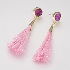 Pink Tassel Dangle Stud Earrings, with Brass Findings and Dyed Natural Druzy Crystal, Pink, 72~76mm, Pin: 0.8mm, Pendant: 60~63x7mm