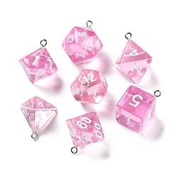 Pearl Pink 7Pcs 7 Styles Transparent Resin Polyhedral Dice Pendants Set, Multi-Sided Dice Charms with Platinum Plated Iron Loops, Mixed Shapes, Pearl Pink, 20~28x19~24x17~24mm, Hole: 2mm, 1pc/style