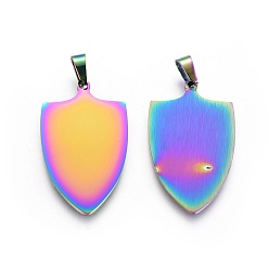 Rainbow Color Ion Plating(IP) 304 Stainless Steel Pendants, Shield, Stamping Blank Tag, Rainbow Color, 30x18x1mm, Hole: 3x5mm