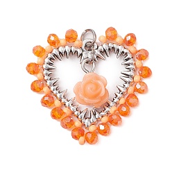 Темно-Оранжевый Стеклянные подвески, Сердце с розой, с фурнитурой из сплава, смоляными и стеклянными бусинами, темно-оранжевый, 30x32x8 мм, отверстие : 3 мм