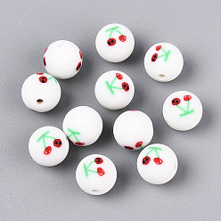 Белый Бусины из полимерной глины ручной работы на фруктовой тематике, круглый с вишневым рисунком, белые, 8.2 мм, отверстие : 1.2~1.6 мм