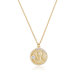 Leo 925 Sterling Silver 12 Constellation Necklace Gold Horoscope Zodiac Sign Necklace Round Astrology Pendant Necklace with Zircons Birthday Jewelry Gift for Women Men, Leo, 15-3/8 inch(39cm)