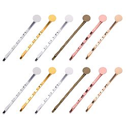 Mixed Color Iron Hair Bobby Pin Findings, with Brass Flat Round Cabochon Settings, Mixed Color, Tray: 8mm, 56.5x8x4mm, 6 colors, 10pcs/color, 60pcs/box