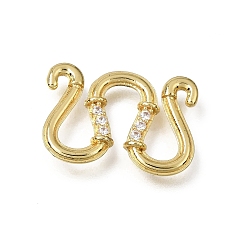 Golden Brass Micro Pave Clear Cubic Zirconia M-Hook Clasps, Rack Plating, Golden, 15x21x3mm