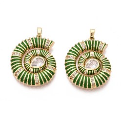 Зеленый Кулоны с эмалью из латуни с прозрачным кубическим цирконием, форма раковины, реальный 18 k позолоченный, зелёные, 30x24x4 мм, отверстие : 5x2 мм