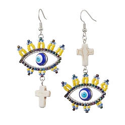 Mixed Color Iron Dangle Earring, with Seed Glass and Synthetic Turquoise Cross, Eye, Mixed Color, 70x35mm