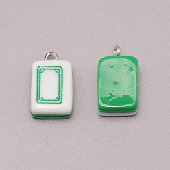 Grün Harzanhänger, mit Eisen-Befund, Nachahmung von Mahjong-Fliesen, grün, Rechteck, Weißer Drache, 19.5~20.5x11.5x7~7.5 mm, Bohrung: 2 mm
